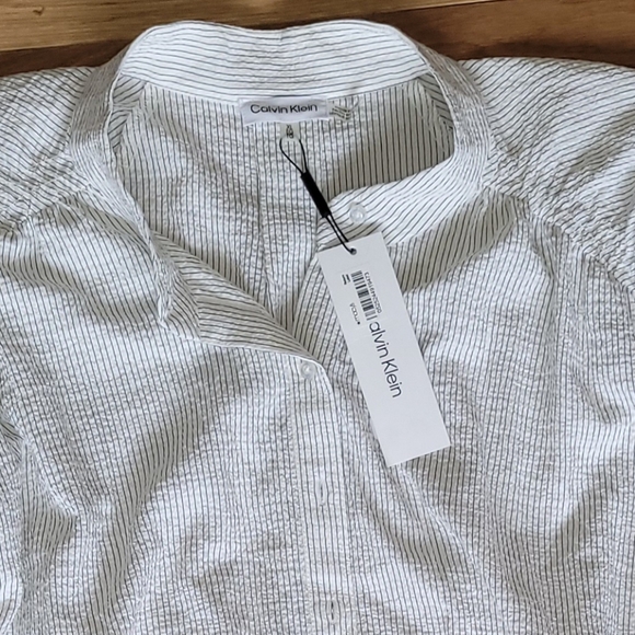 NEW Calvin Klein Tie Waist Ruched Sleeve Seersucker Shirtdress - Picture 8 of 8